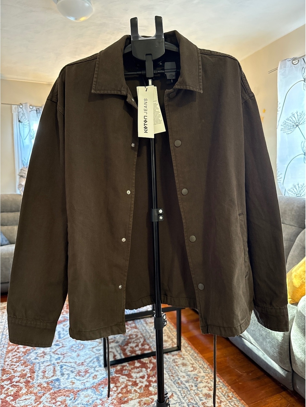 Men's Brown Coach Jacket with Snap Buttons, Size XL